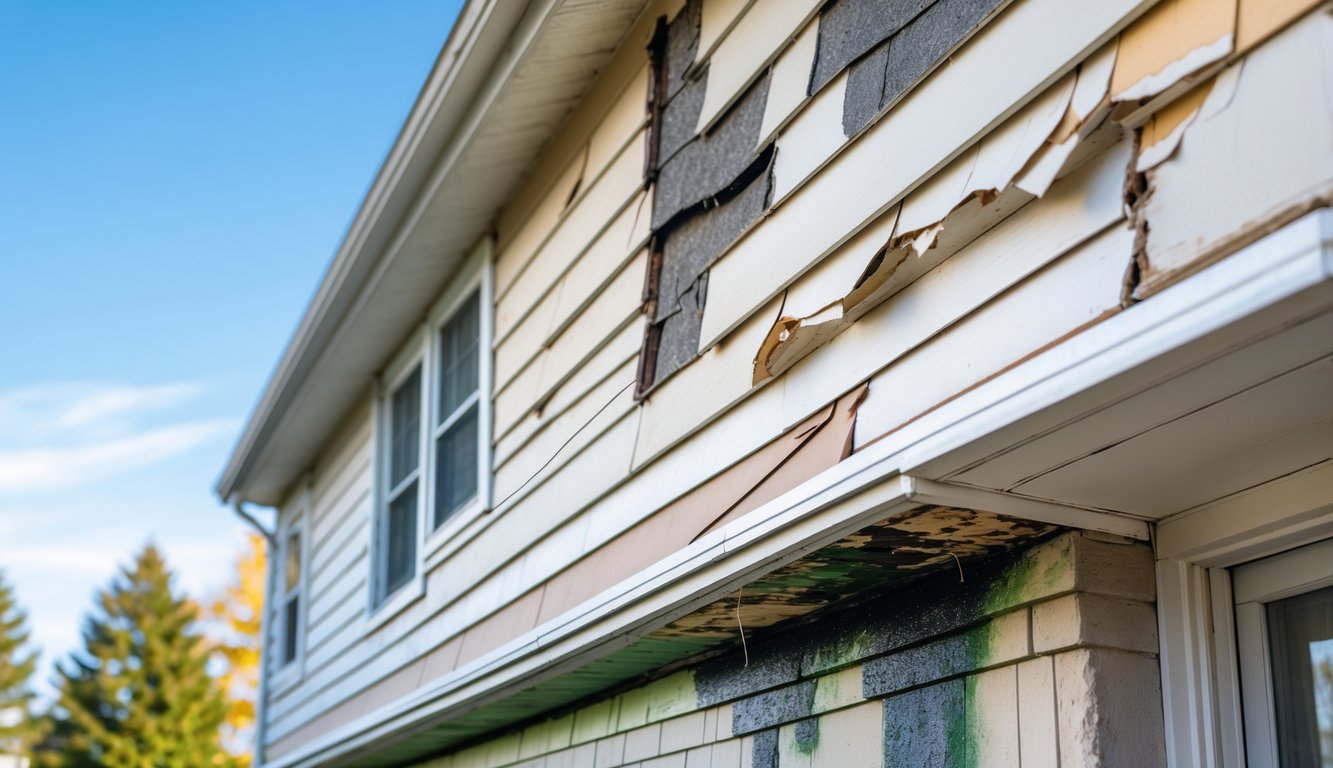 Close-up of a house exterior showing damaged and worn siding with peeling paint, cracks, and water damage.