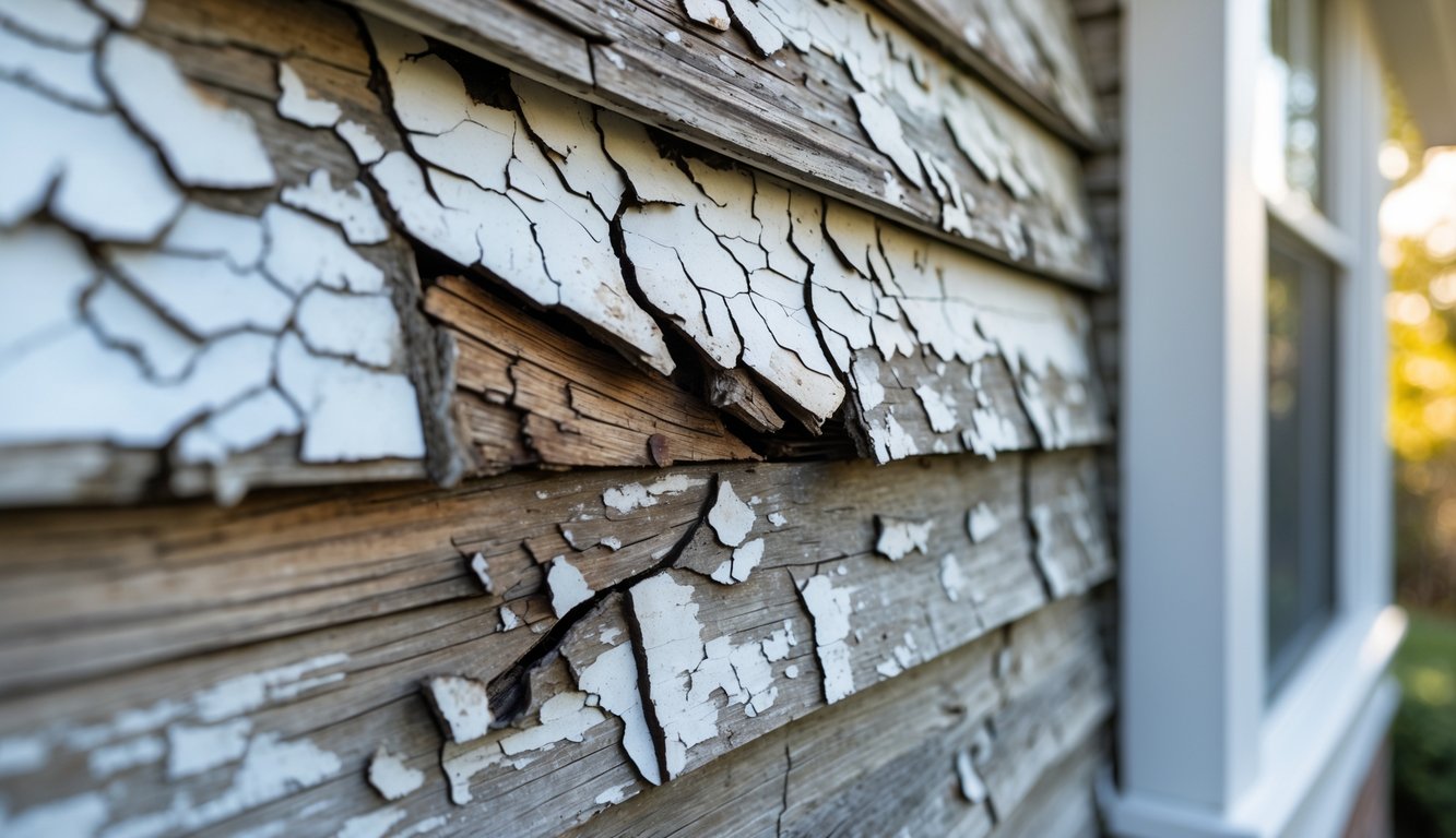 Close-up of damaged house siding with cracks and rotting wood panels.