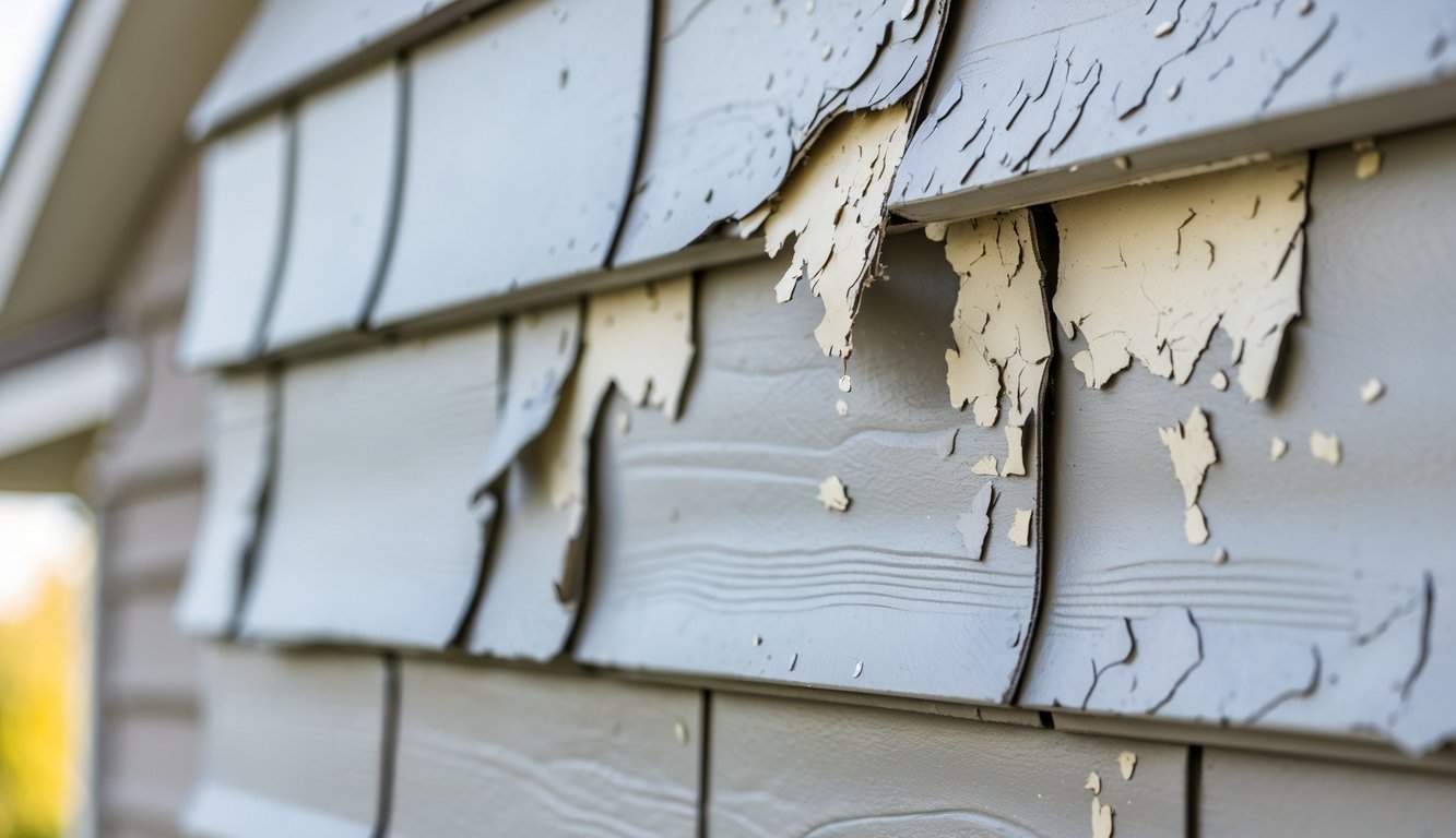 Close-up of house siding with bubbling and peeling paint showing damage.