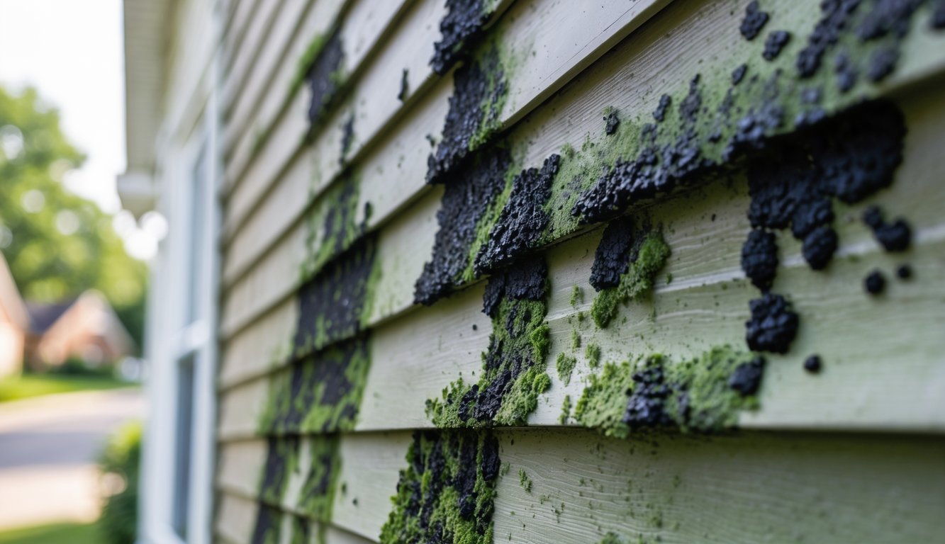 Close-up of a house exterior showing mold and mildew growing on old siding panels.