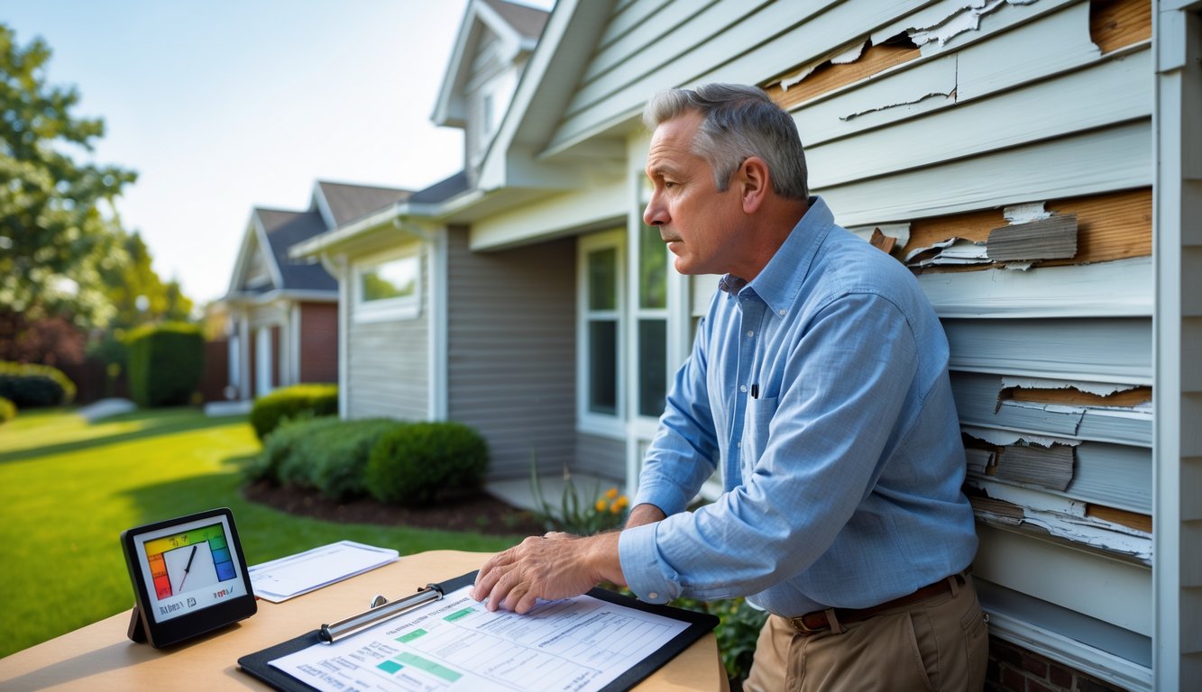 Homeowner inspecting damaged siding on a house exterior with energy bills and a thermostat nearby.