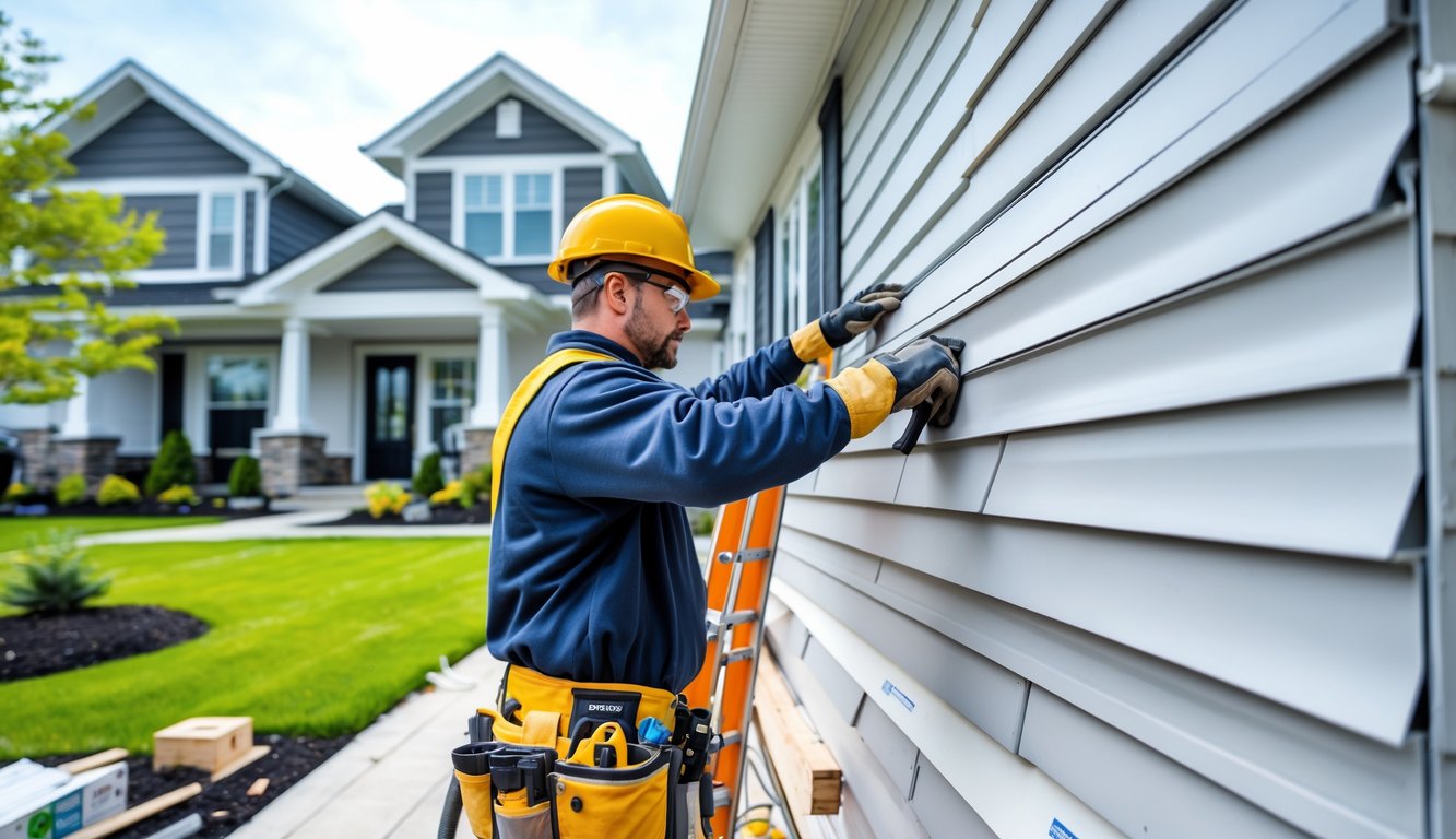 A worker installing new siding on the exterior wall of a suburban house during daytime.