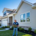 Siding contractor using a tape measure on wooden siding