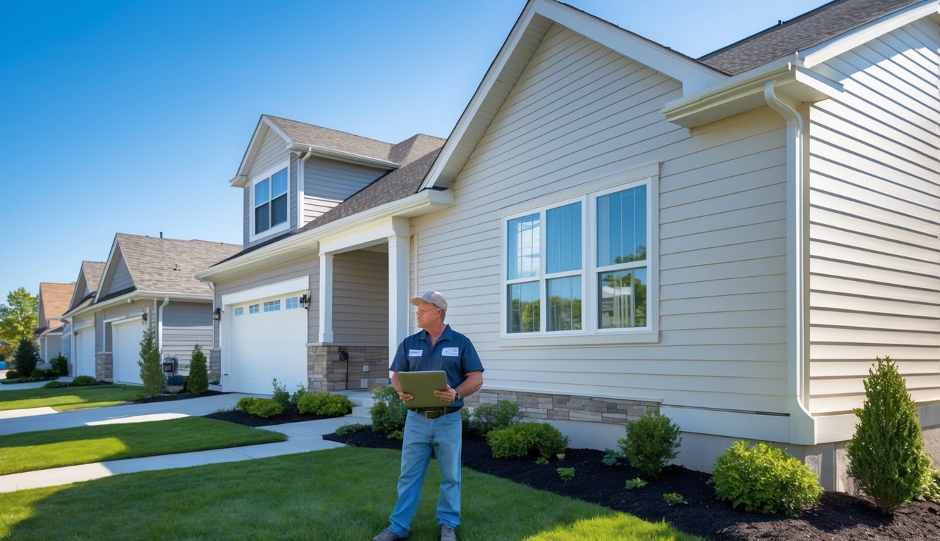 Siding contractor using a tape measure on wooden siding