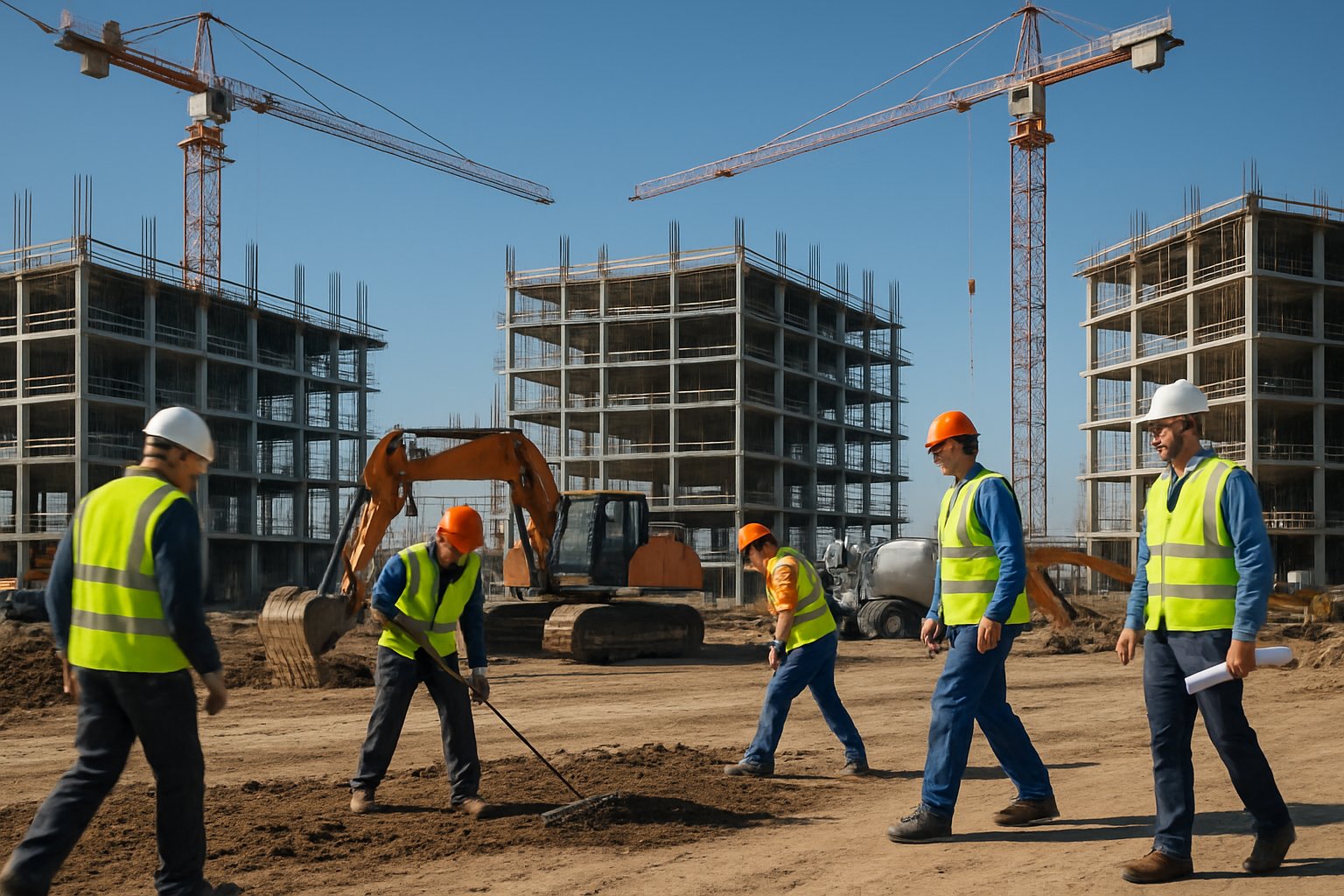 Construction site with workers wearing safety gear, machinery, and buildings under construction on a clear day.