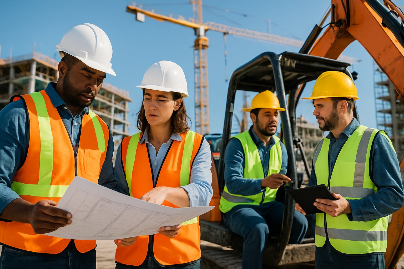 Construction workers collaborating on a building site with machinery and partially built structures in the background.