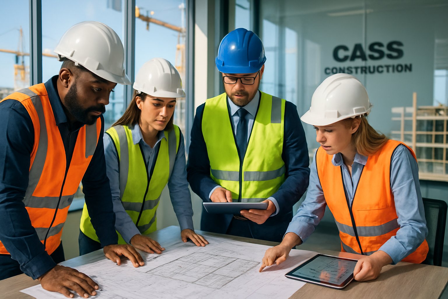 Construction professionals in hard hats reviewing blueprints and digital plans around a table at a construction site.
