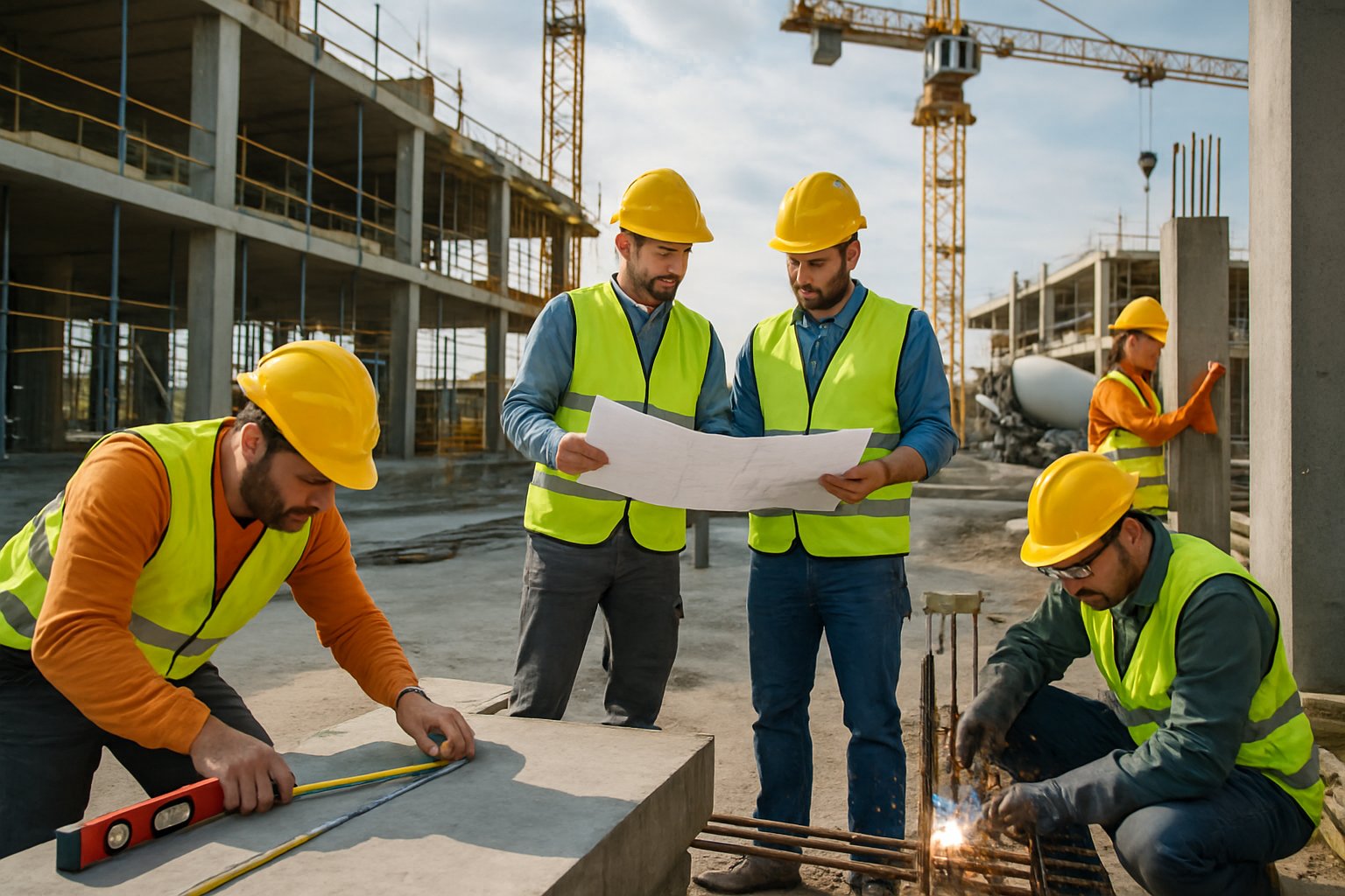 Construction workers wearing safety gear working on a large commercial building site with cranes and scaffolding in the background.
