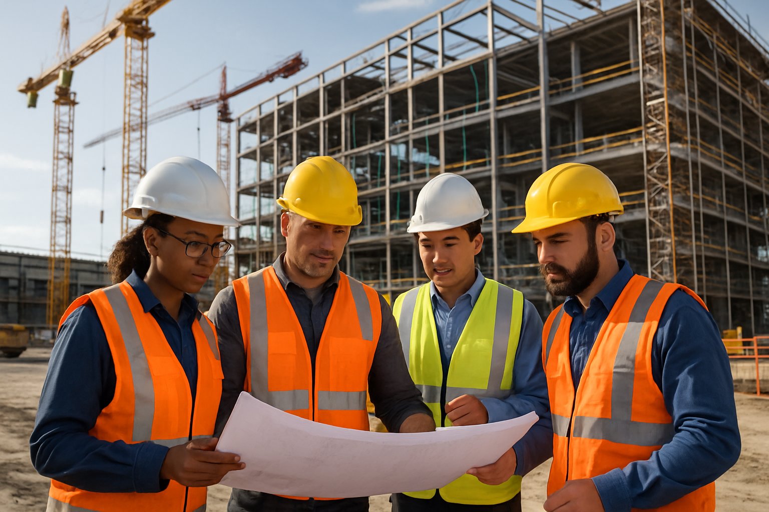 Construction workers and engineers collaborating on a large commercial building site with cranes and scaffolding.