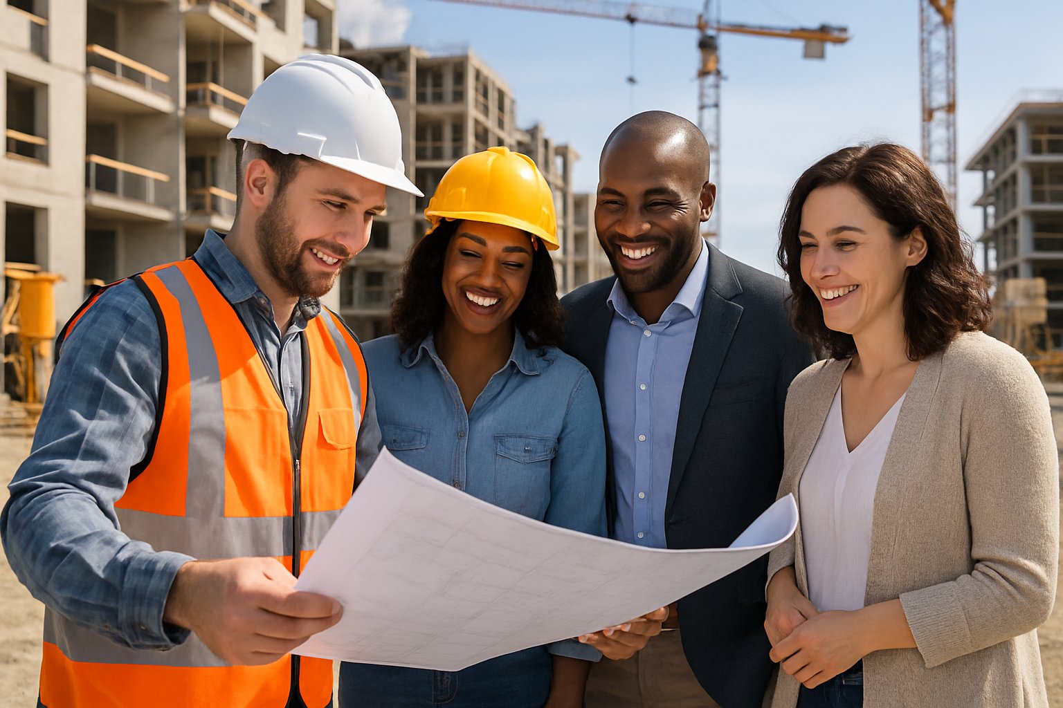 A group of construction professionals and clients reviewing blueprints together at a construction site.