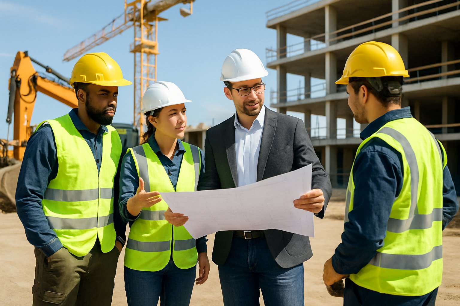 A group of construction workers and a contractor reviewing blueprints at an active construction site.