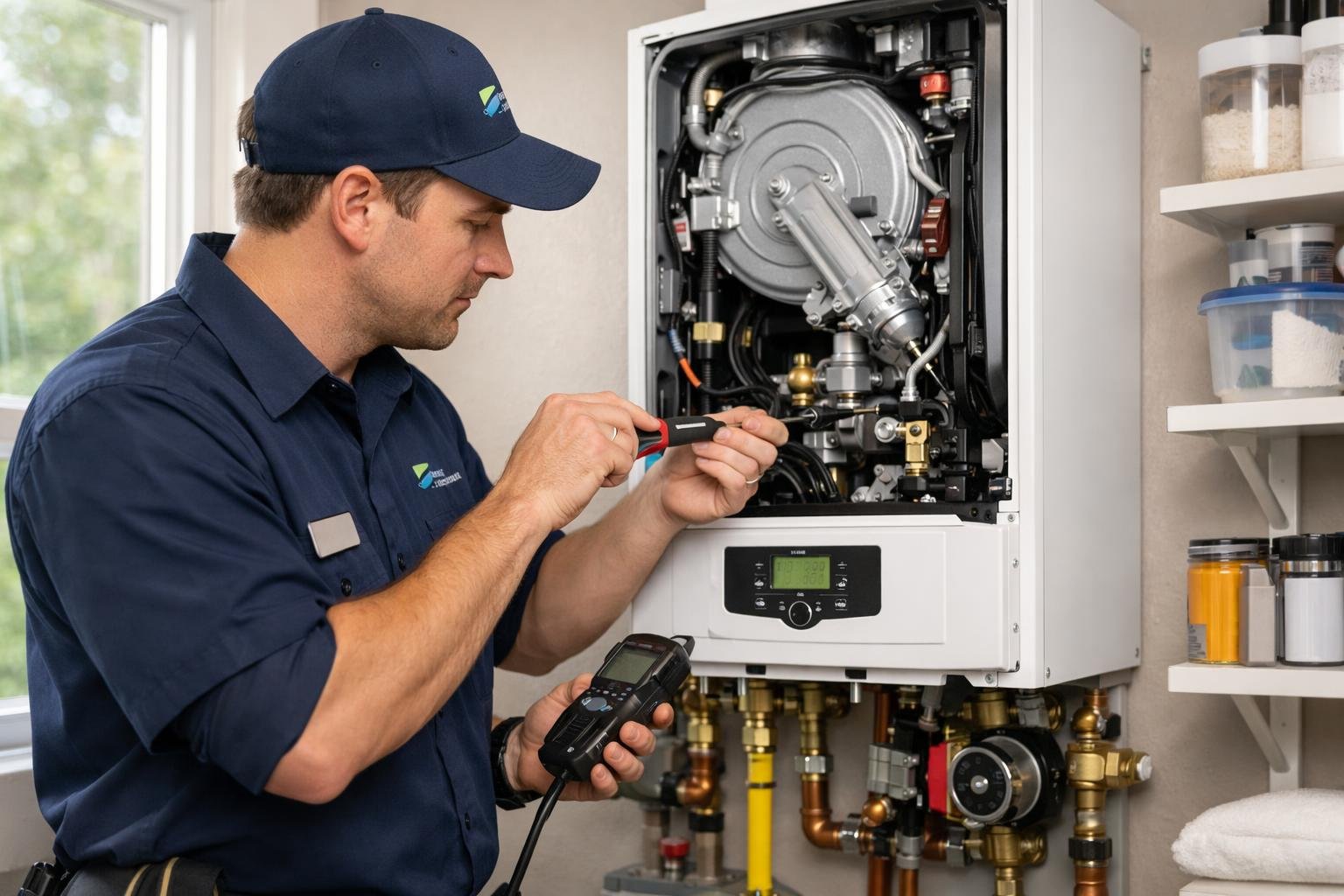 Detailed view of boiler components and connections