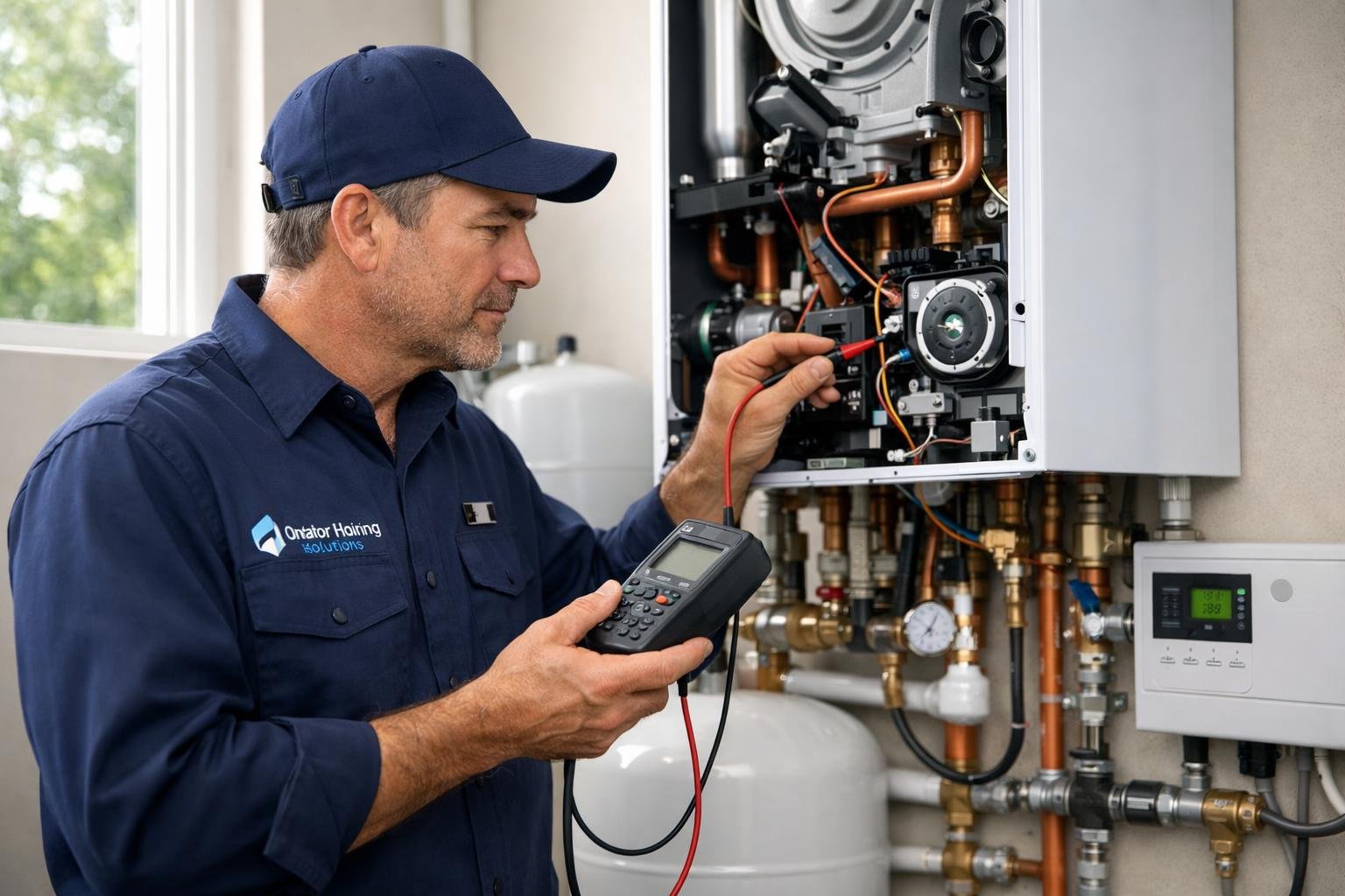 An HVAC technician installs and repairs a boiler in a bright utility room with organized pipes and equipment.