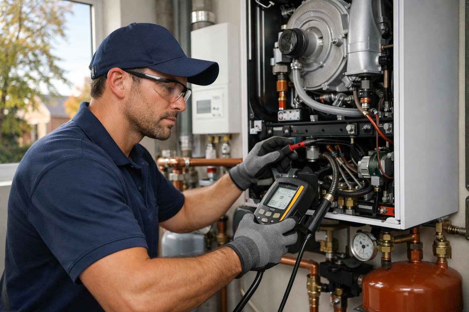 A technician wearing safety gear inspecting a modern boiler system in a clean, well-lit boiler room.