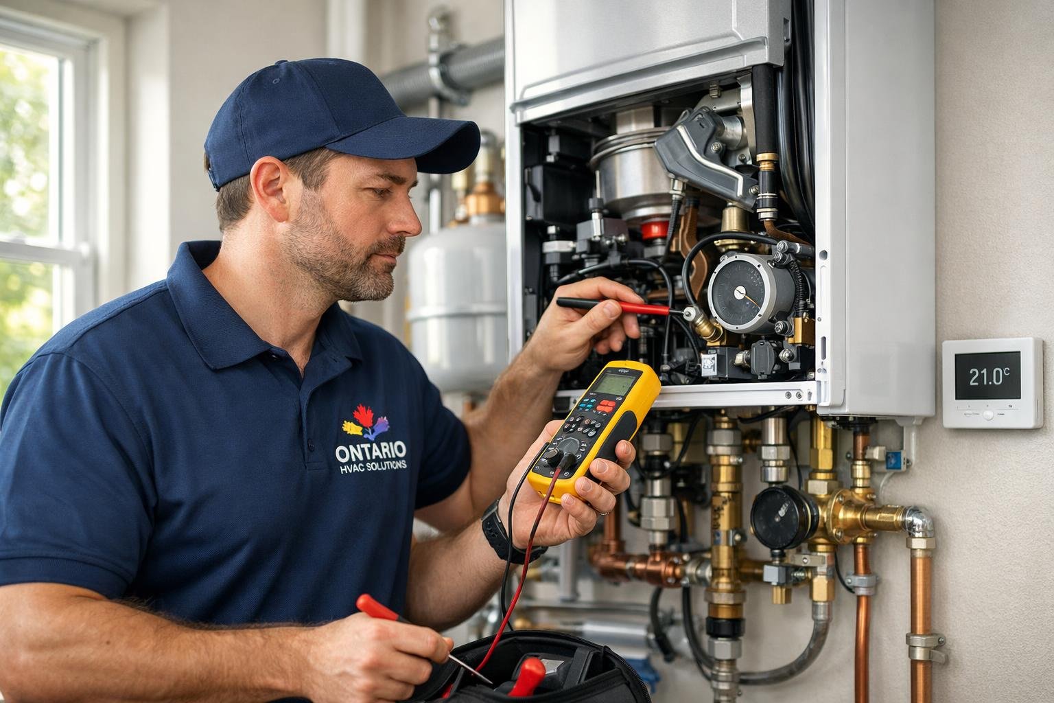 Technician repairing a boiler system inside a residential utility room with pipes and gauges visible.