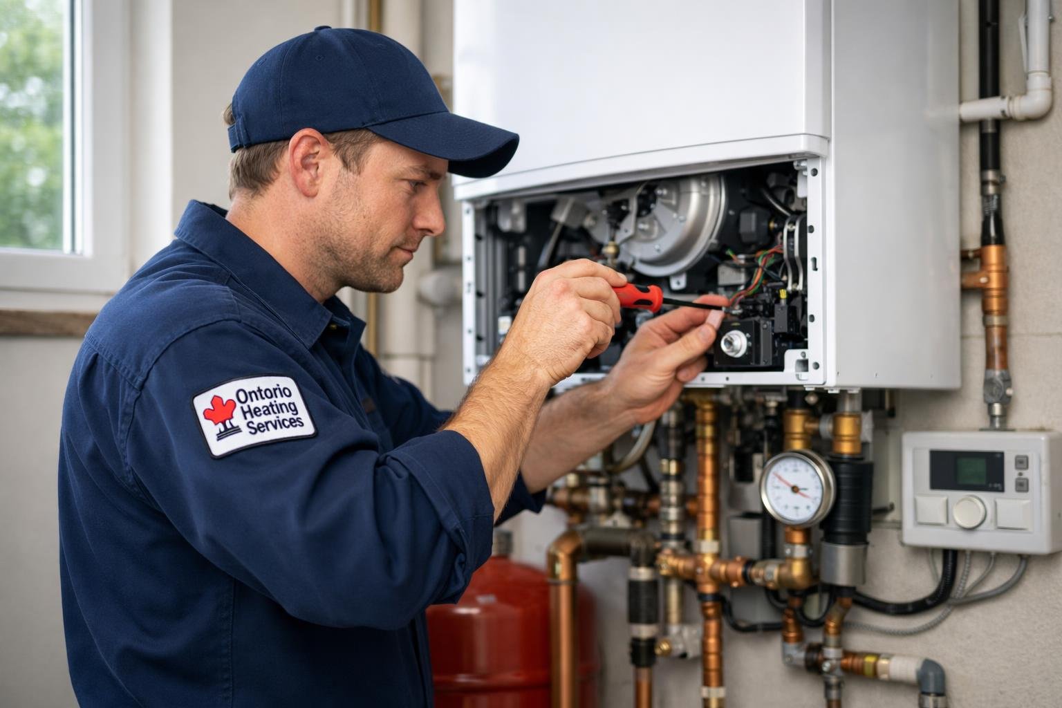 A technician in uniform working on a boiler system inside a residential utility room.