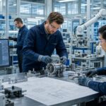 Engineers inspect a machined metal component beside CAD drawings and robotic equipment