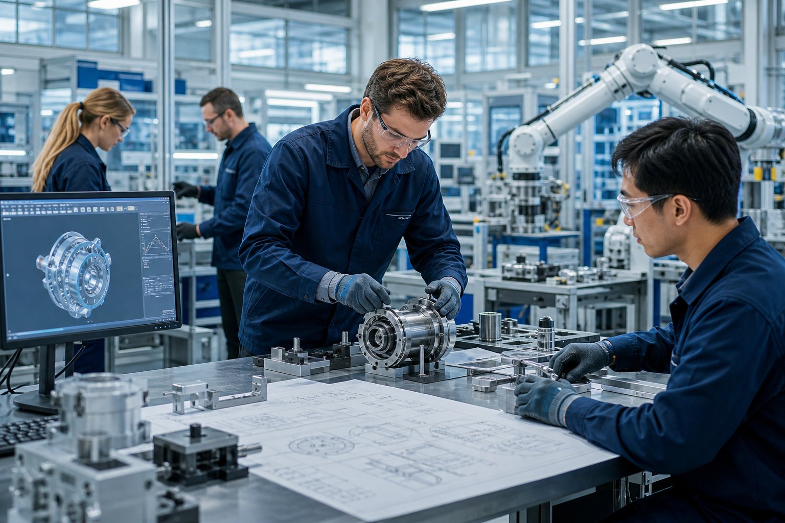 Engineers inspect a machined metal component beside CAD drawings and robotic equipment