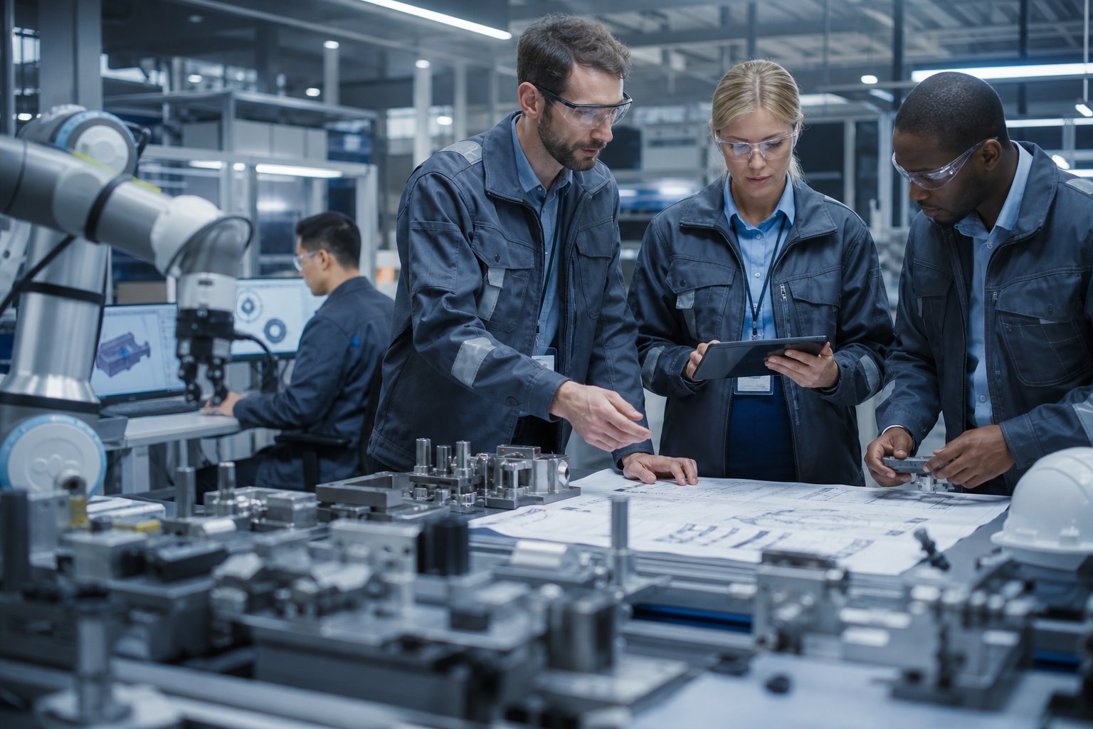 Engineers collaborating in a modern manufacturing facility with advanced machinery and robotic arms assembling components.
