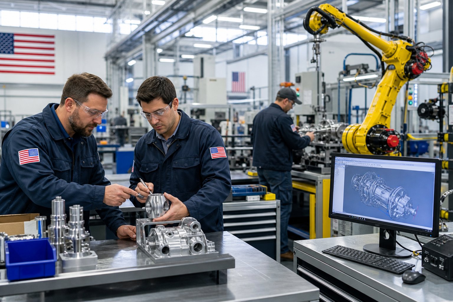 Engineers and technicians working with advanced machinery in a modern manufacturing facility.