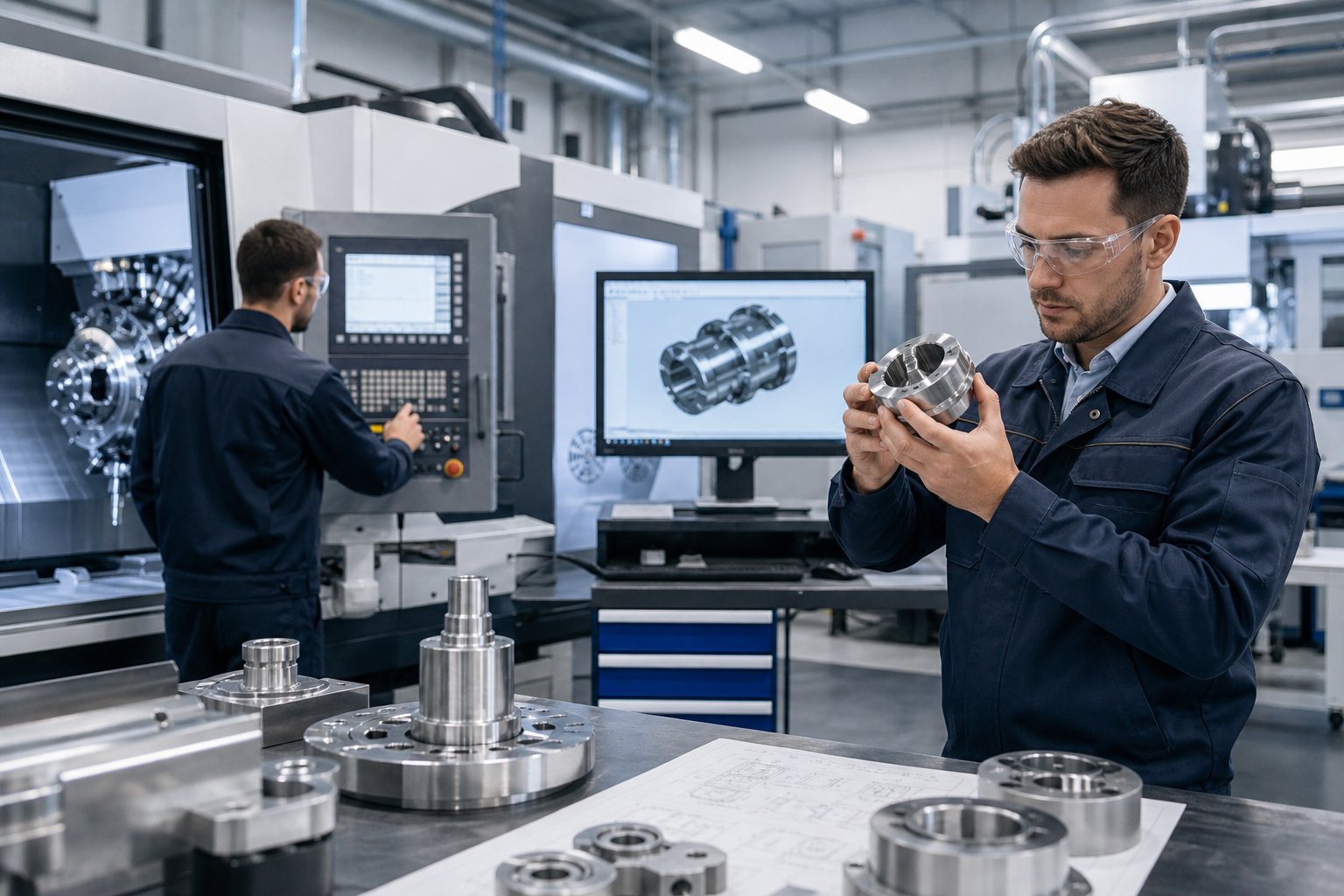Technicians working with CNC machines in a clean industrial workshop producing metal components.