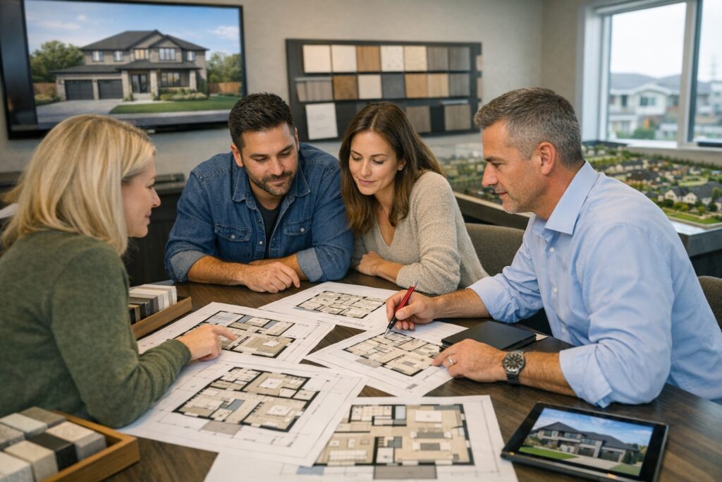 Clients and designer reviewing custom home floor plans together