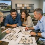 Clients and designer reviewing custom home floor plans together
