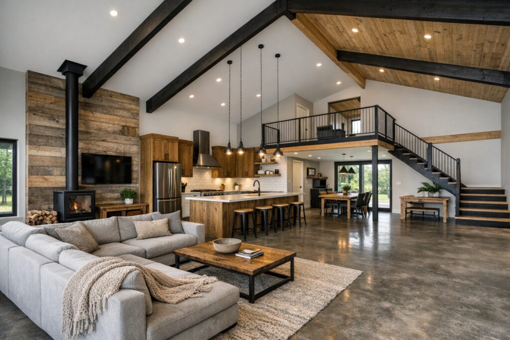 Open floor plan barndominium interior with kitchen, living area, loft, and exposed beams