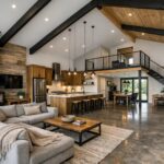 Open floor plan barndominium interior with kitchen, living area, loft, and exposed beams